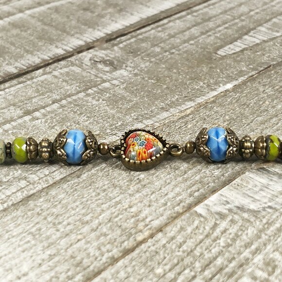MillefioriHeart Cabochon in Bronze Bracelet with Czech Glass Beads - Picture 7 of 8